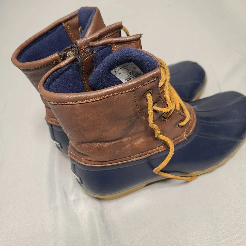 Sperry Saltwater Duck Boots Girls US 4 Navy Brown Waterproof Lace‎ Up Winter